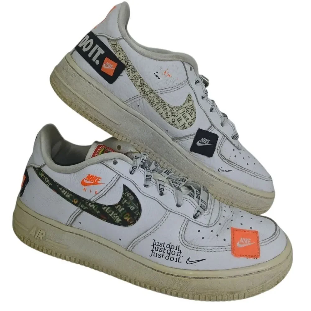 Nike Air Force 1 Girls Low Cut 'Just Do It' White Sneakers - Size 5Y